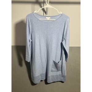 J.Jill Women's M Medium Light Blue Knit Tunic Top Sweater 3/4 Sleeve Patch